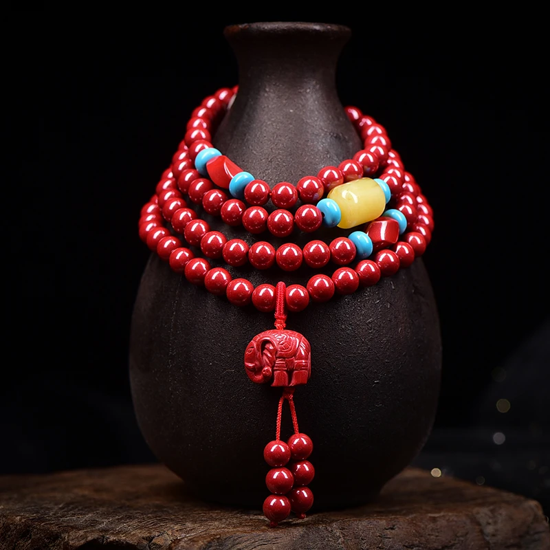 含辰砂工艺品高含量朱砂吉象如意佛珠手链帝王红砂108项链两用款