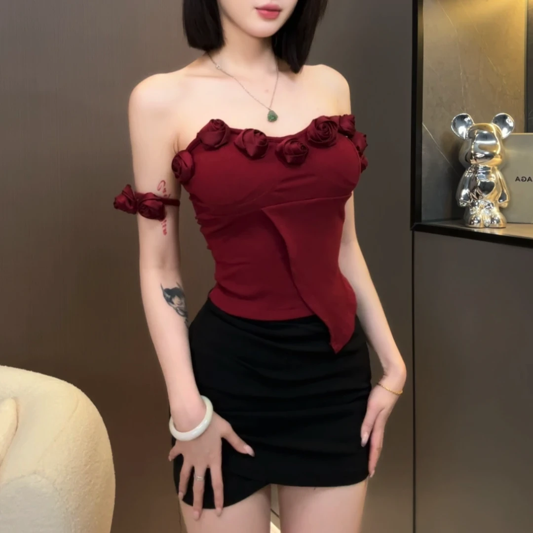 9053NOWNOW工作室显瘦露肩修身收腰抹胸花朵上衣设计性感包