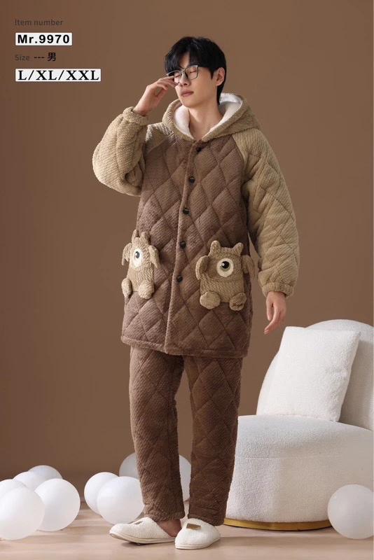 【9970冬季新款套装睡衣】男士三层加厚加绒夹棉睡衣套装可外穿