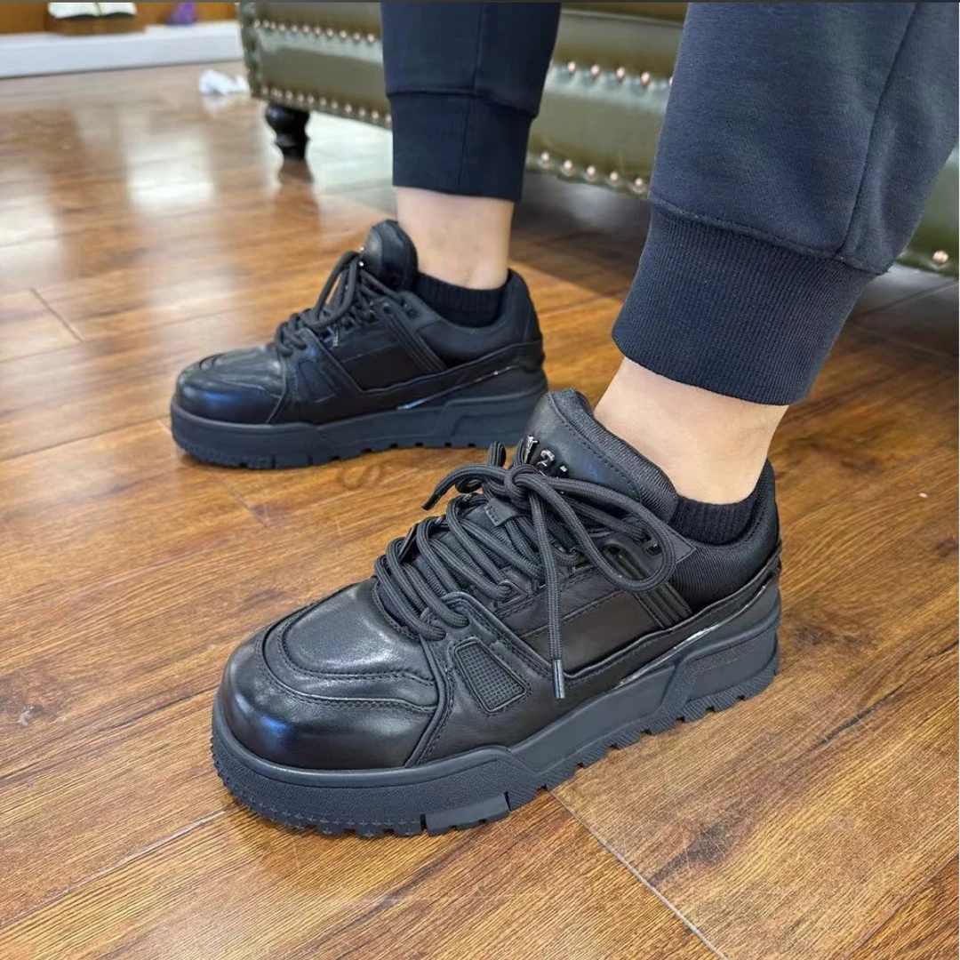 DS23S57头层牛皮休闲板鞋新款加厚高帮男士透气韩版系带休闲男皮