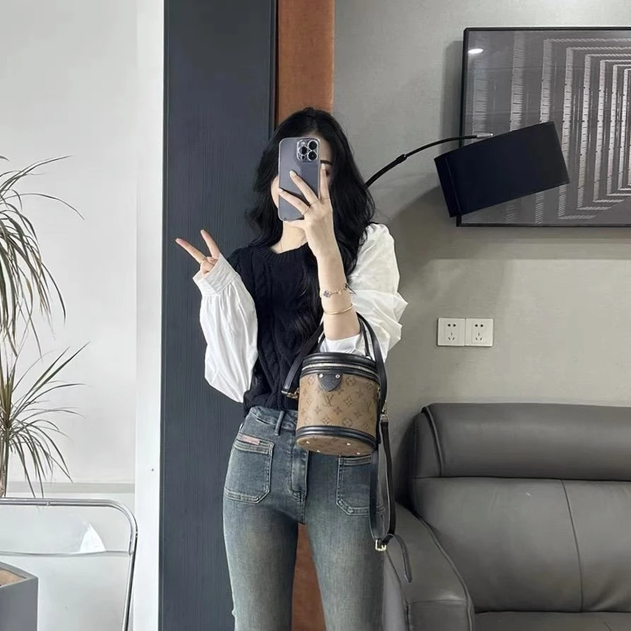 韩系慵懒风圆领2023麻花针织马甲假两件丹宁风背心撞色拼接上衣