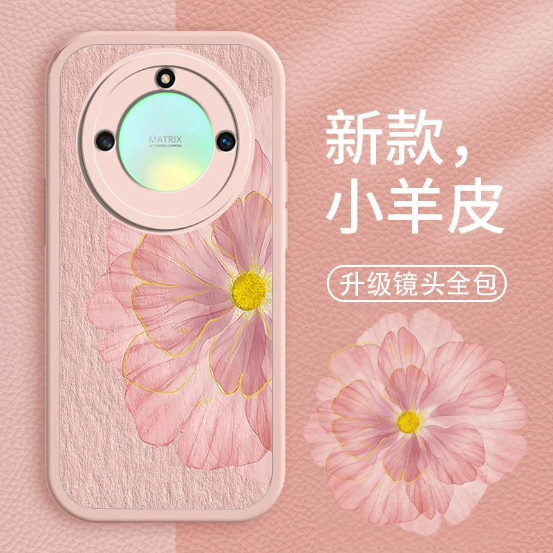 适用荣耀X40手机壳小羊皮液态硅胶软壳创意女生新款金莲花防摔保