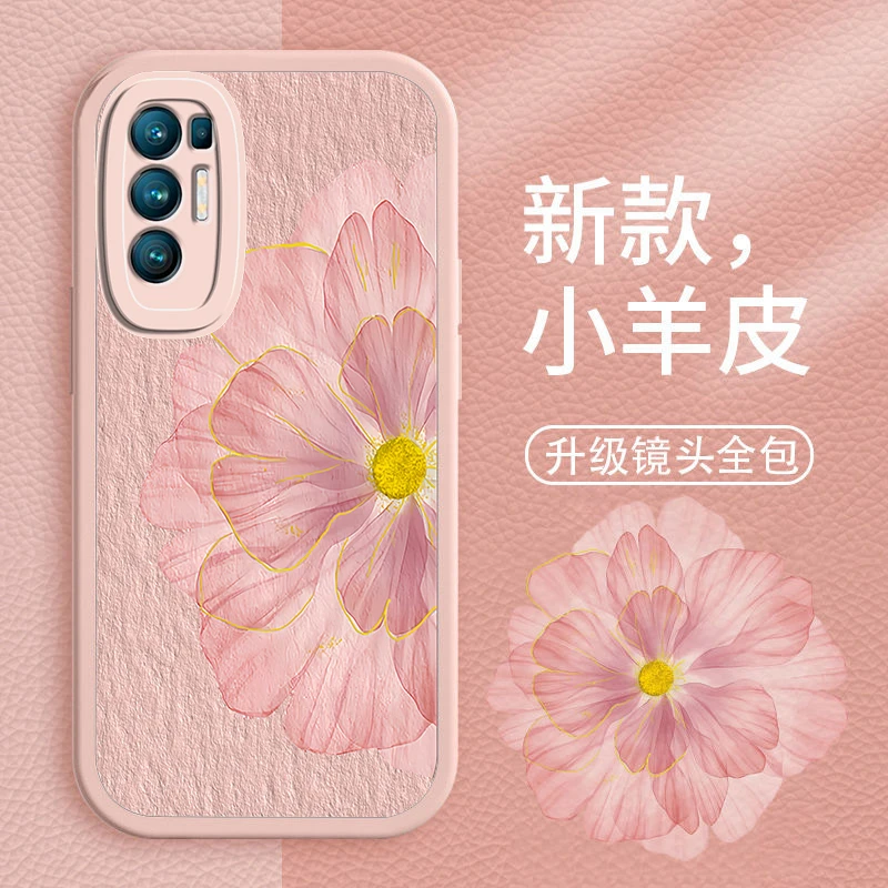 适用OPPOReno5Pro手机壳小羊皮液态硅胶软壳女生新款金莲花防摔保