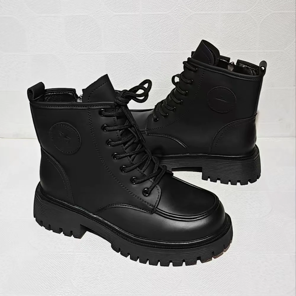 马丁靴软皮2025秋冬新款057百搭软底粗跟圆头加绒短靴