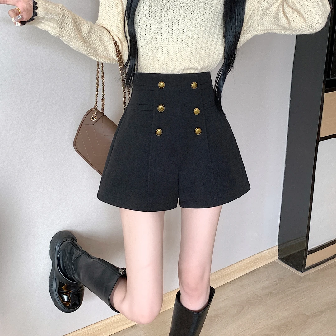 高腰a字毛呢靴短裤2025春冬休闲裤黑色复古双排扣宽松阔腿裤女