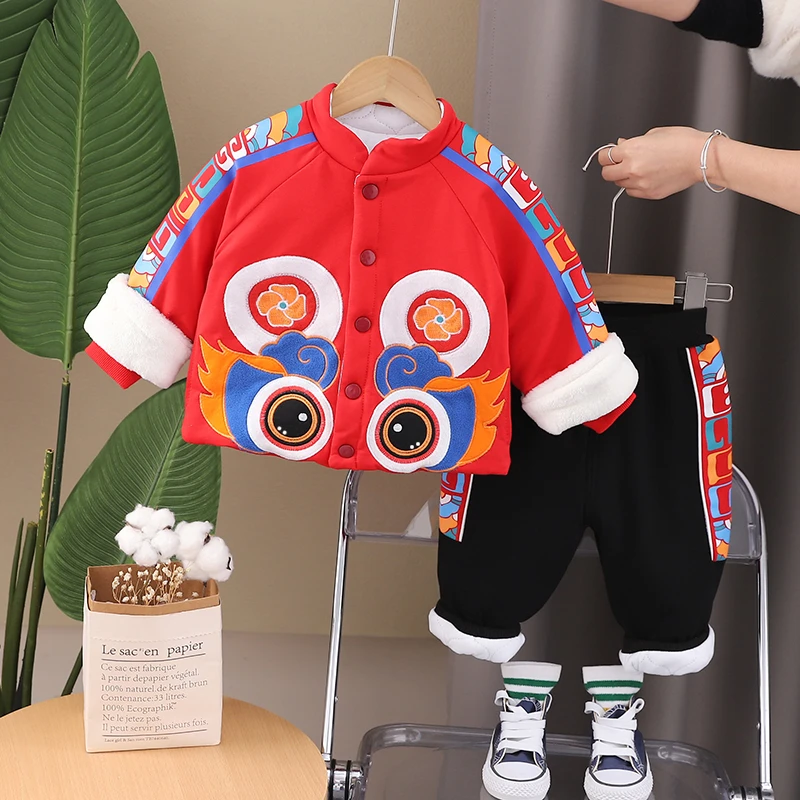 儿童加厚拜年服套装男宝宝中国风汉服男童红色喜庆婴儿新中式衣服