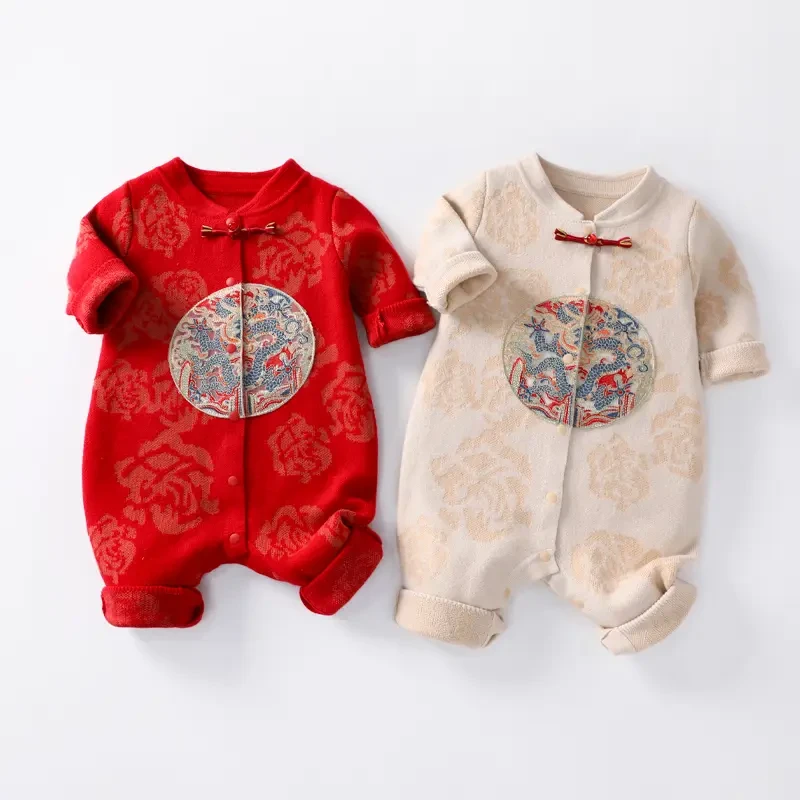新款拜年服纯棉加厚秋冬中国风婴儿宝宝满月周岁针织连体衣服