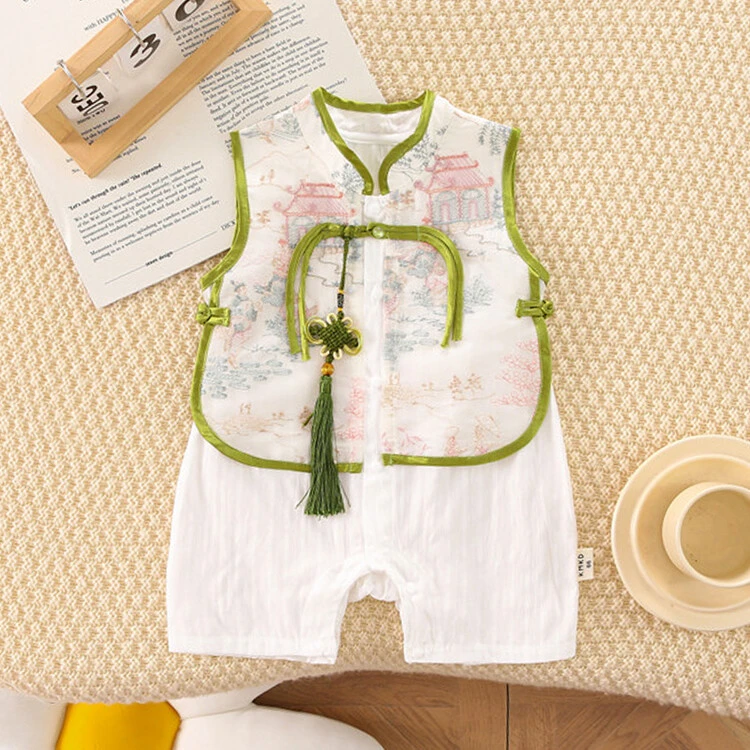 唐装中国风婴幼儿汉服夏季新款服装男宝无袖女宝爬爬服假两件古风