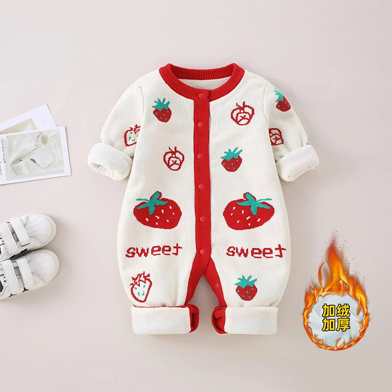 9541婴儿毛衣爬服冬装加绒秋冬男加厚连体衣衣服女宝宝卡通哈衣