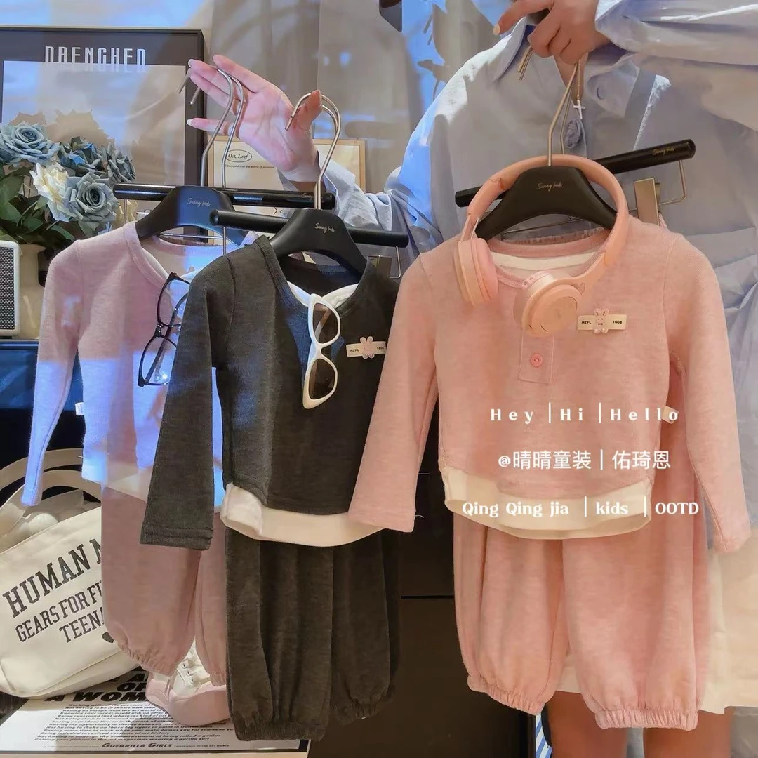 女童套装秋2024新款秋季时髦小女孩童装假两件儿童糯米绒上衣裤子