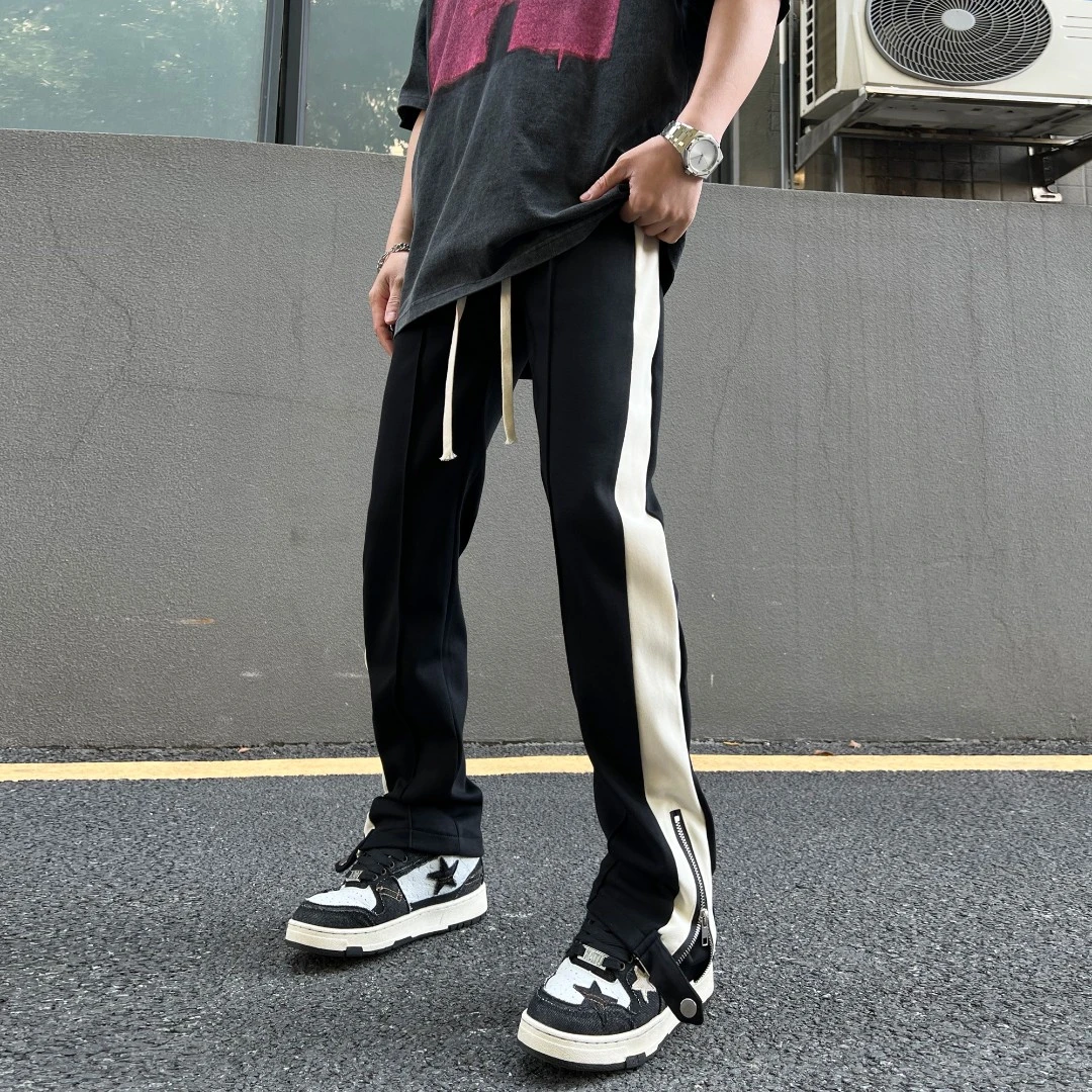 美式复古侧边条纹休闲裤男高街vibe风拉链开叉卫裤直筒微喇长裤子