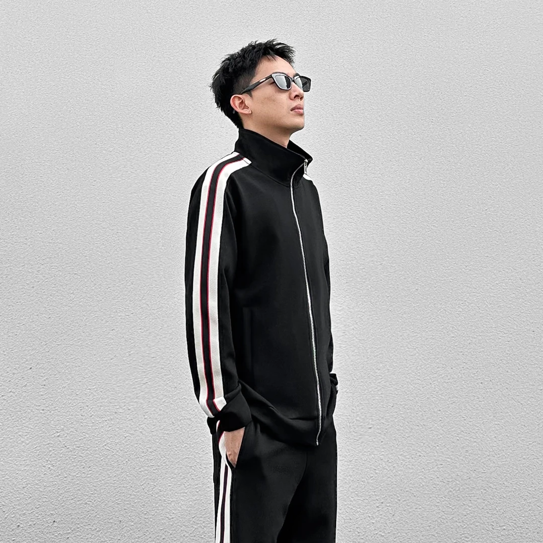 春季款美式潮流男装侧边织带运动休闲夹克长袖上衣男士款外套卫衣