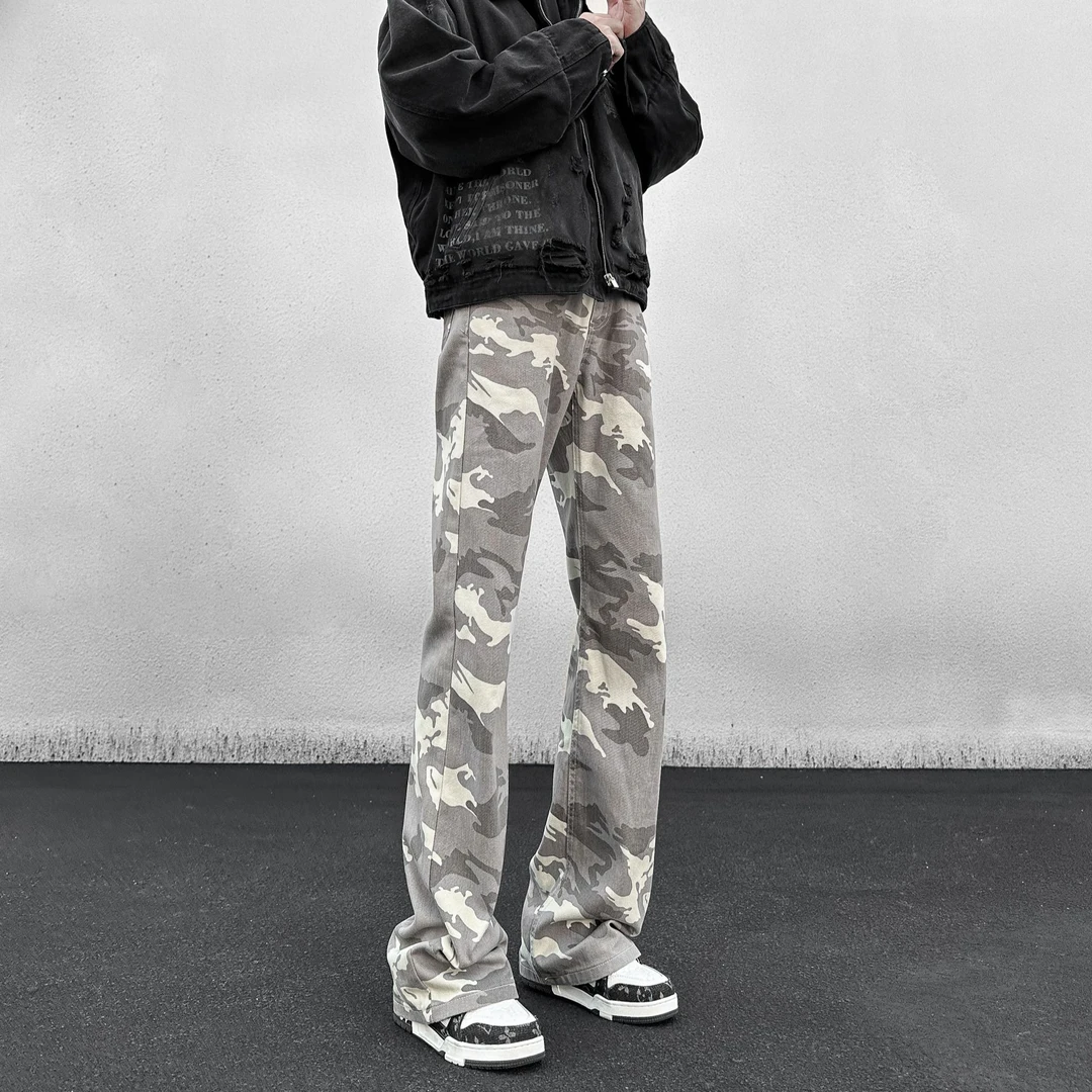 美式街头复古水洗迷彩休闲牛仔裤男ins潮牌直筒微喇显高显瘦裤子
