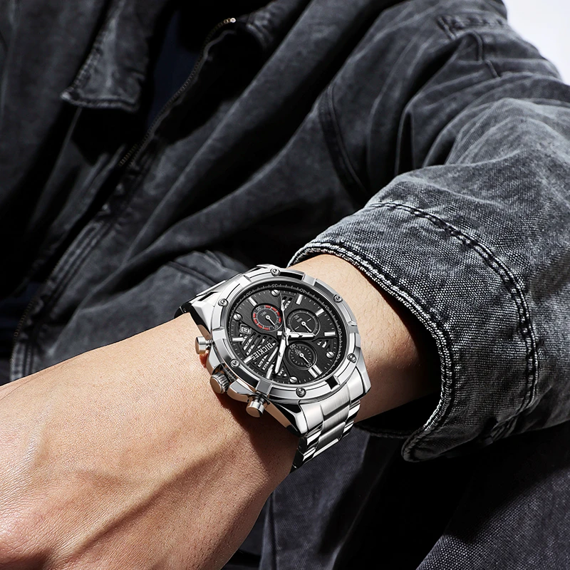 Dickies新款偏成熟男士多功能三眼计时表钢带夜光防水石英男表586