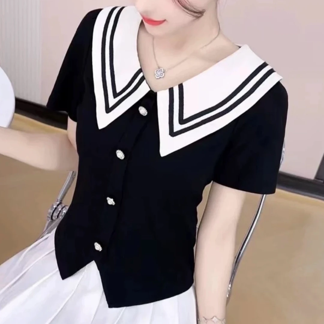 夏季2024新款娃娃领正肩短袖开叉衬衫女洋气上衣