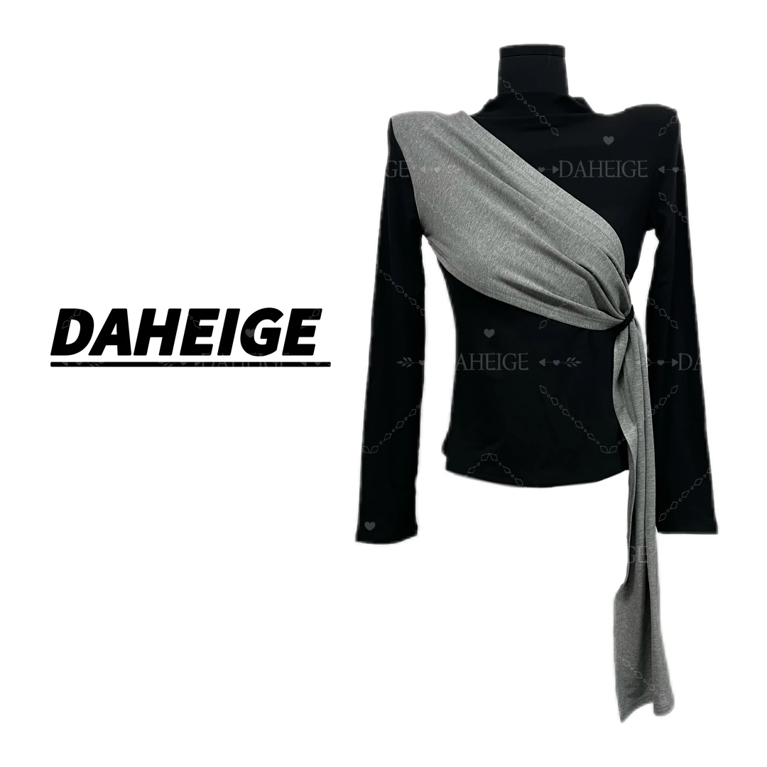 D.hge黑哥834#纯欲性感女冬季新款半高领修身显瘦撞色飘带上衣