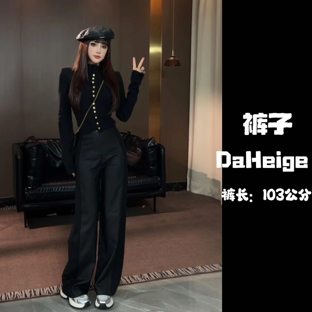 D.hge黑哥830#冬季新款时尚拼接百搭阔腿加绒高腰遮胯皮裤