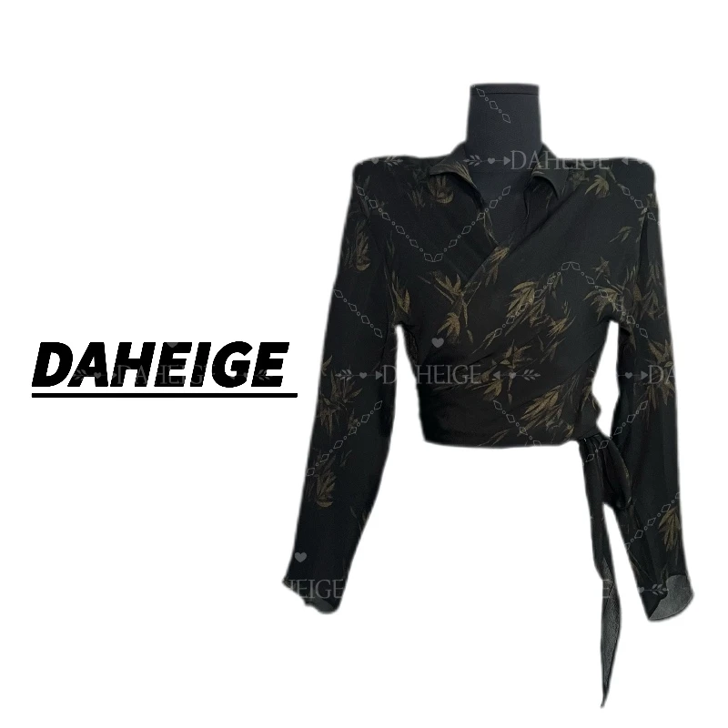 【D.hge】494#夏季新款港味复古绑带设计感竹子印花显瘦修身上衣女