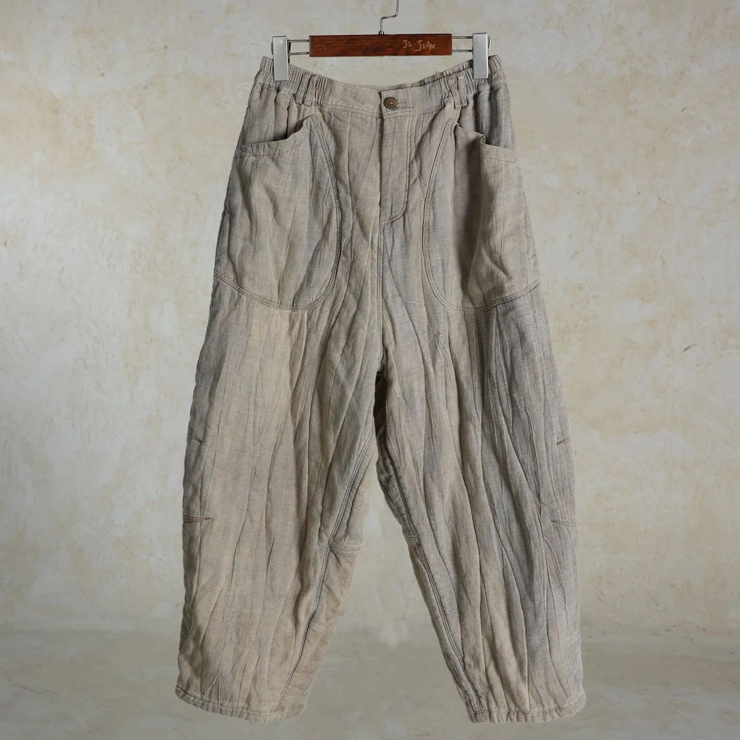 几见 原创秋冬款松紧腰天丝复古做旧夹棉棉裤直筒裤休闲裤K34449