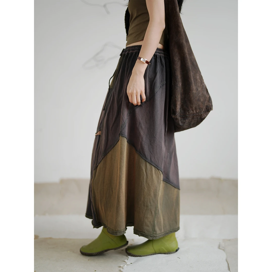 几见原创夏全棉针织两色做旧松紧腰抽绳设计感个性半身裙女K22348