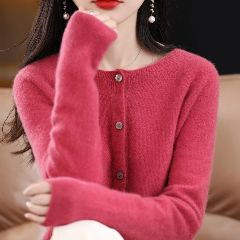 100羊毛开衫女宽松百搭无缝薄款毛衣秋季新款圆领羊毛外套