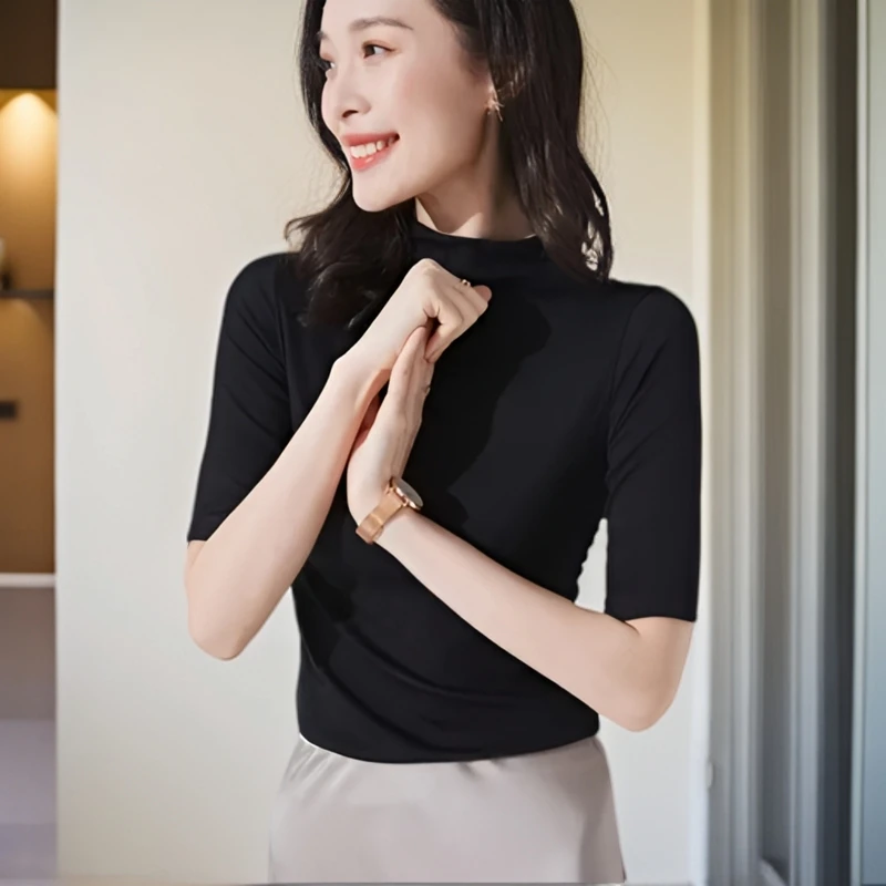 莫代尔 半高领 五分袖 短袖打底衫t恤显瘦气质时尚爆款修身(M1款)