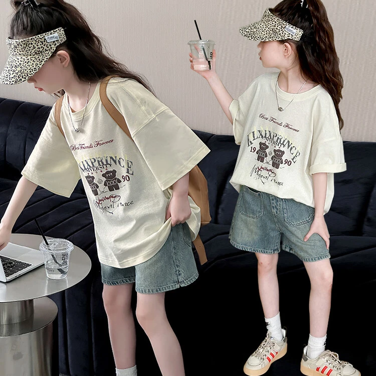 2024新款女中大童夏季短袖T恤牛仔短裤两件套时髦炸街套装小女孩