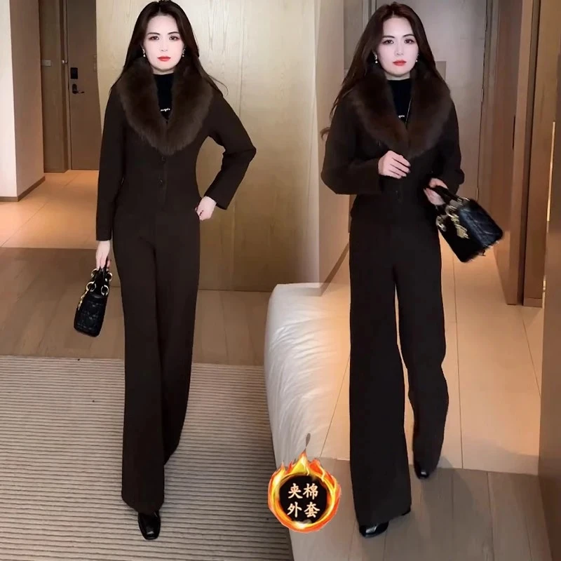毛领夹棉加厚短外套阔腿裤气质两件套洋气时尚套装女冬季新款显瘦