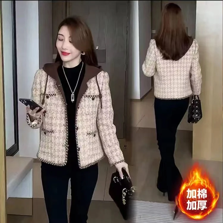 时尚小香风短外套女今年新款洋气质百搭显瘦连帽休闲格子上衣