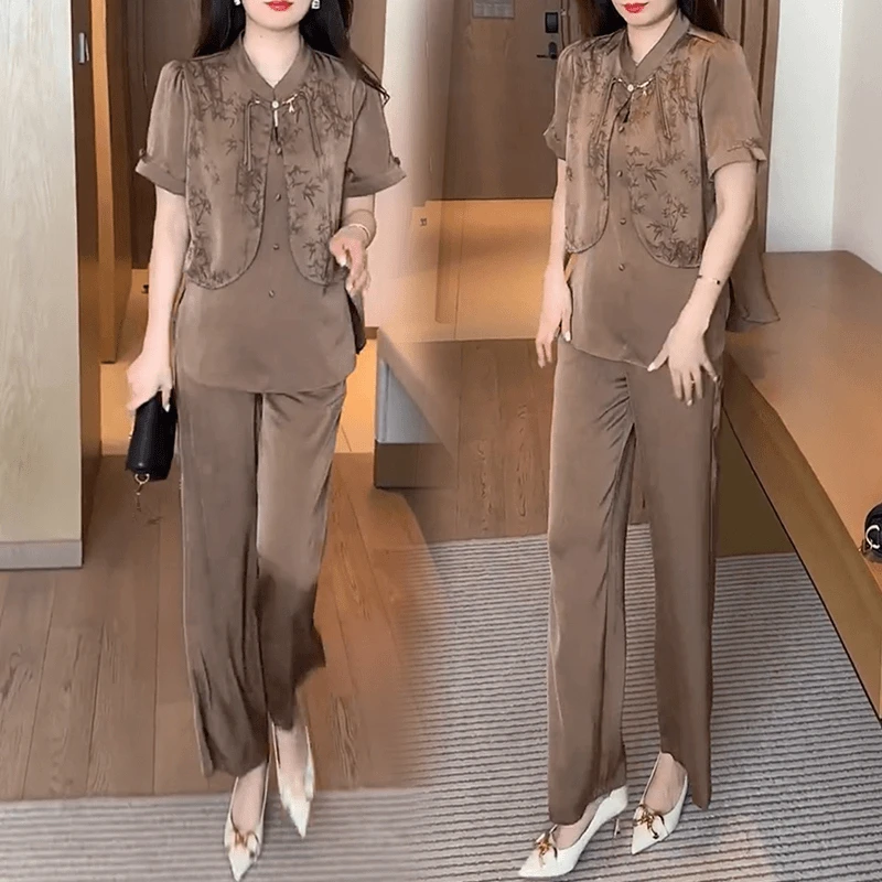 2025夏季新款新中式时尚套装女洋气显瘦短袖衬衫阔腿裤国风两件套
