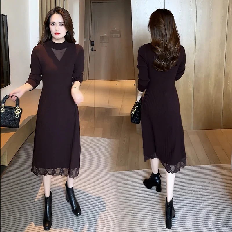 长袖过膝中长款针织连衣裙女2025秋冬修身气质百搭显瘦打底裙子