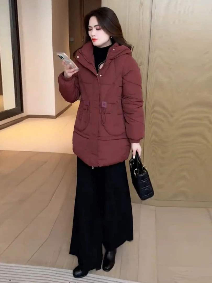 时尚连帽棉服女2024冬季新款洋气宽松显瘦中长款收腰保暖棉衣外套