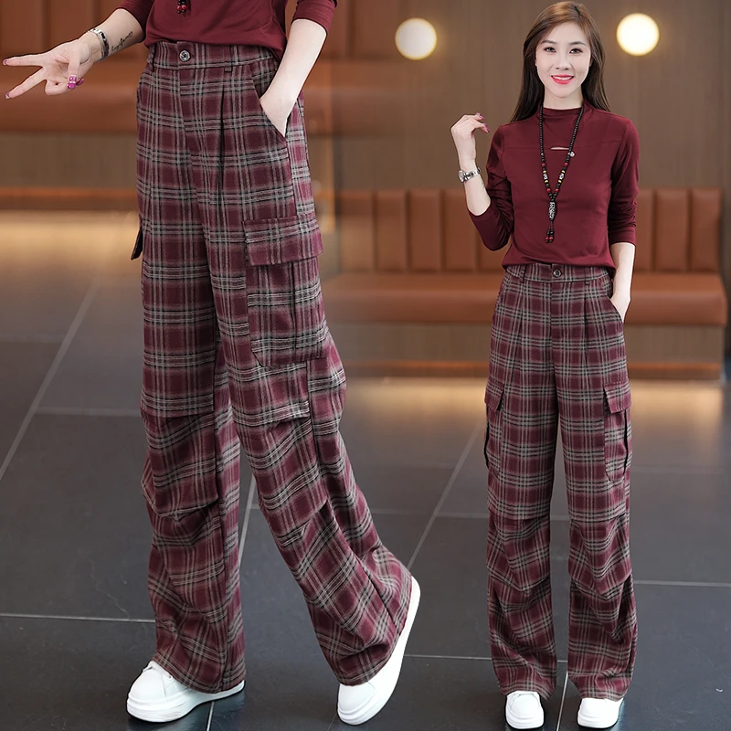2024春秋新款格子阔腿裤套装女气质减龄显瘦休闲洋气通勤潮两件套