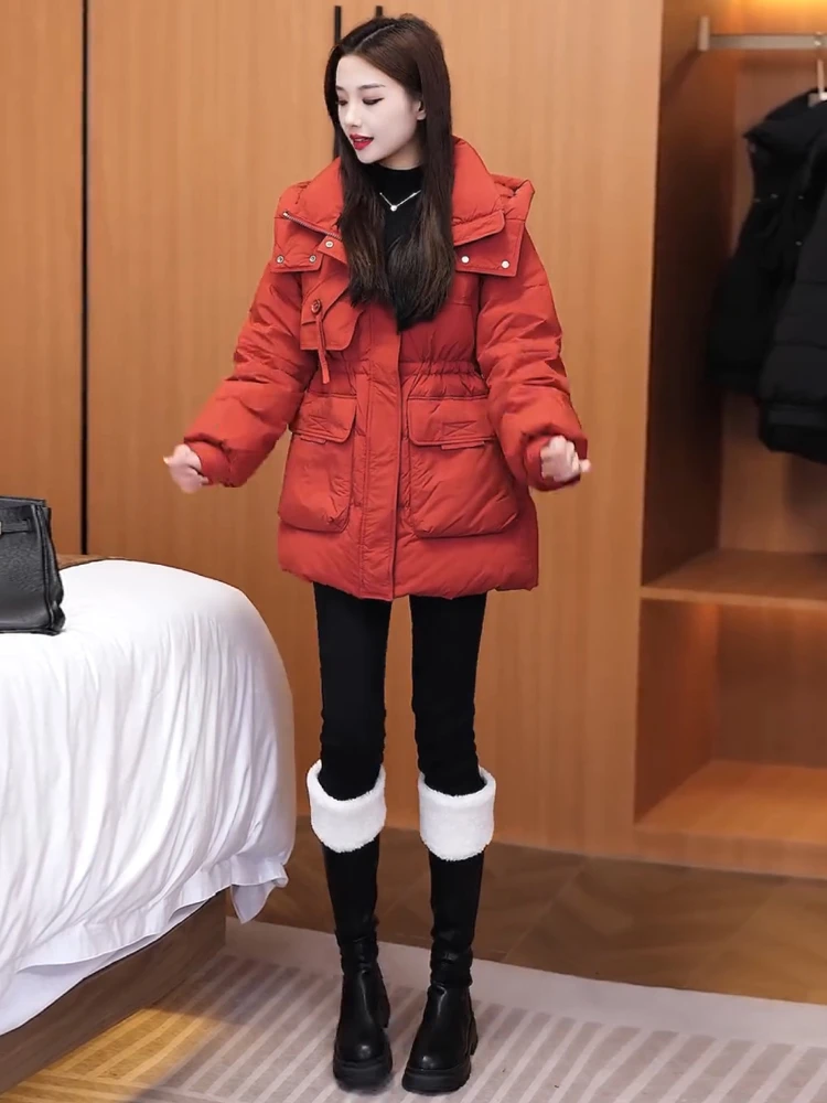 小个子中长款羽绒棉服女宽松连帽冬装2024年新款收腰保暖棉衣外套