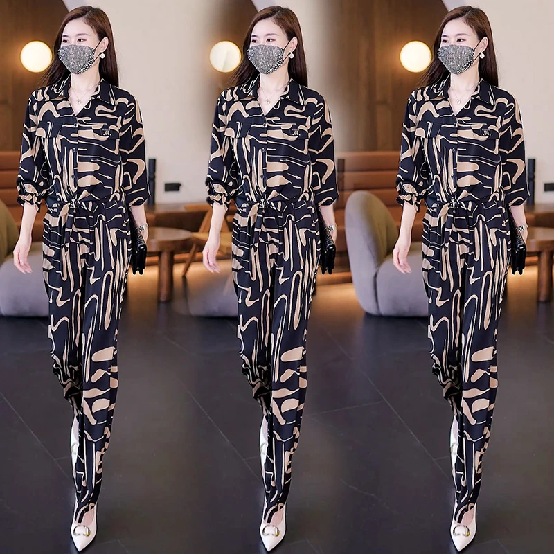 2024年春秋衬衫套装两件套显瘦长袖时尚休闲宽松印花减龄阔腿洋气