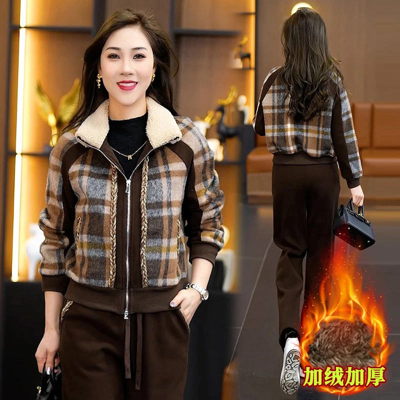 冬季加绒加厚套装女士休闲时尚洋气显瘦百搭保暖两件套