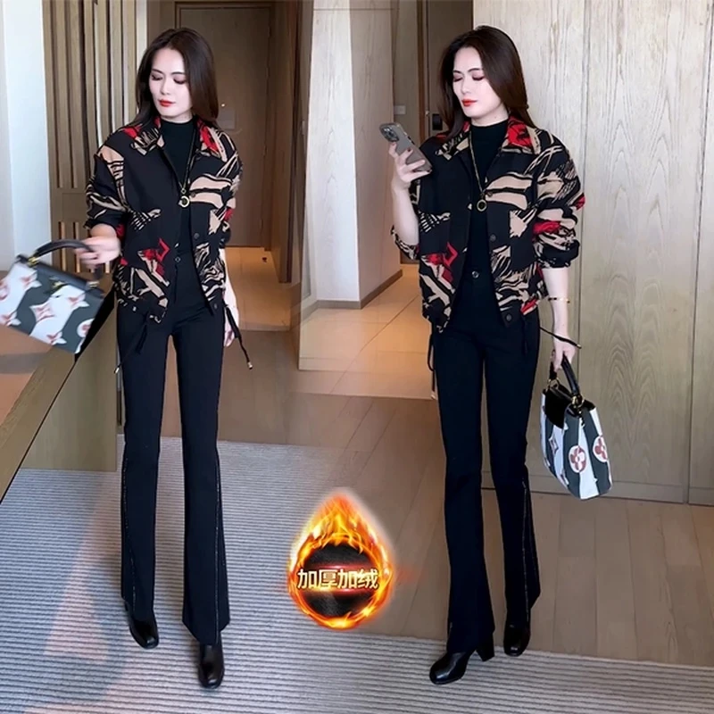 今年冬季新款加绒加厚外套印花洋气时尚气质休闲减龄小个子短外套