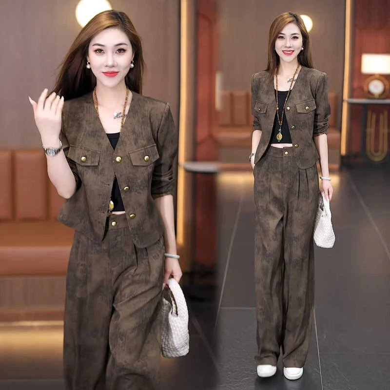 时尚套装女秋季新款时髦短款外套阔腿裤显瘦气质两件套复古返潮