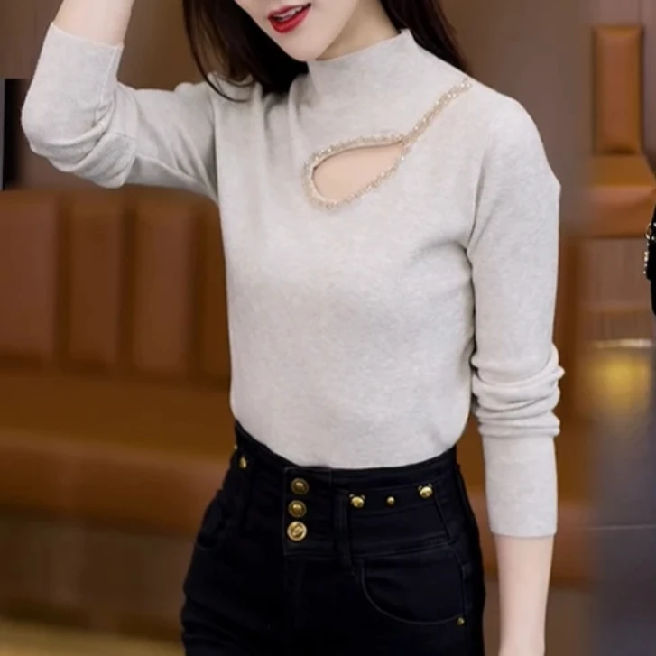 2024秋半高领内搭打底针织衫女秋冬季新款镂空钉珠洋气百搭上衣