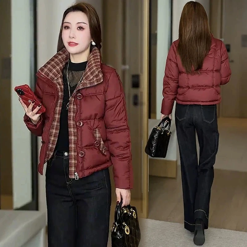 时尚格子拼接羽绒棉服女2024冬季新款洋气小个子保暖短款棉袄外套