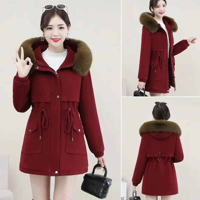 中长款派克服女加绒加厚2024冬季新款棉袄收腰显瘦大毛领棉衣外套