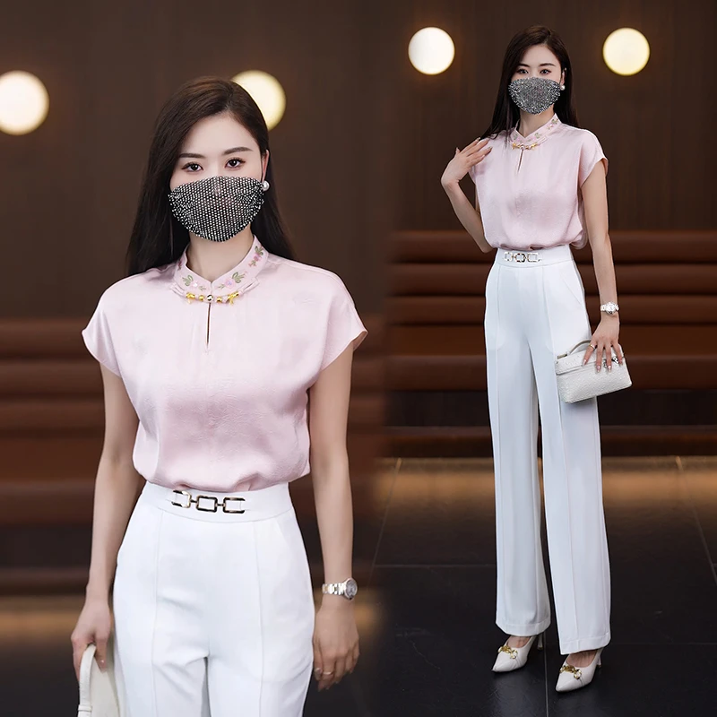 2024夏季气质新中式刺绣国风衬衫上衣女盘口小众轻奢短袖套头小衫