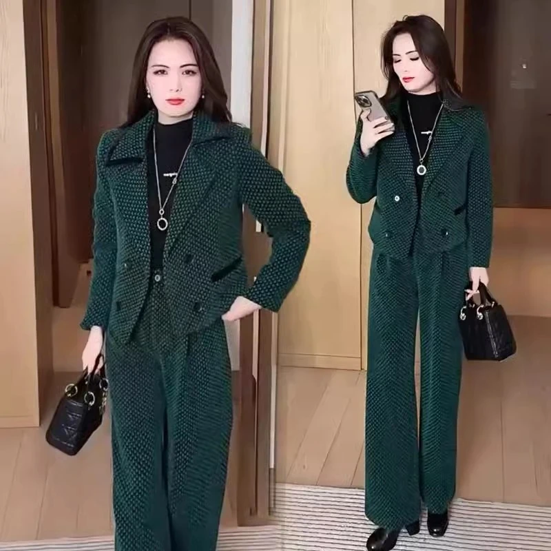 时尚加棉千鸟格毛呢套装女2024冬新款洋气显瘦外套阔腿裤两件套潮