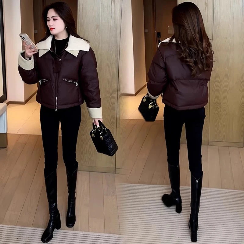 秋冬短款羽绒棉服女冬季新款时尚小个子针织翻领加厚保暖外套