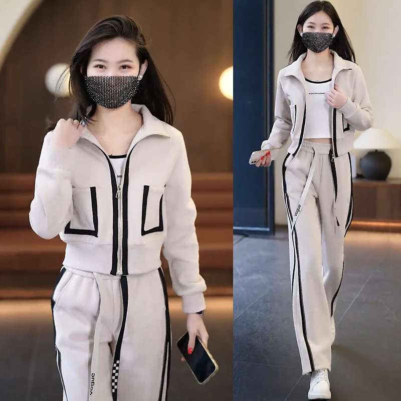 网红爆款休闲减龄显瘦遮肉开衫两件套运动套装女2025春秋新款洋气