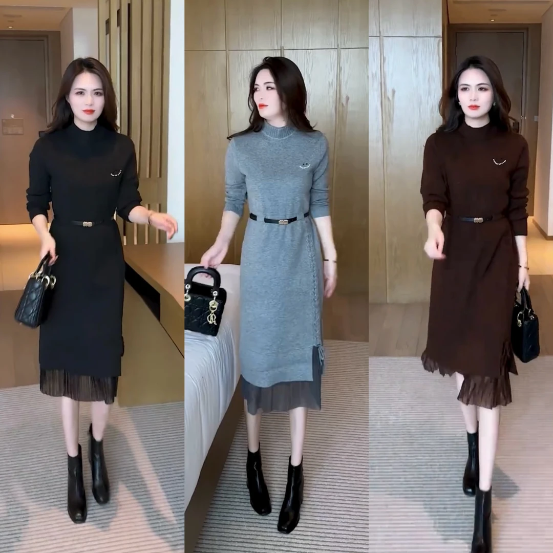 时尚针织连衣裙女2024秋冬新款收腰显瘦中长款配大衣内搭毛衣裙子
