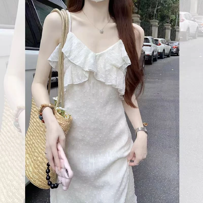 法式温柔风荷叶边V领吊带连衣裙女夏装2024新款甜美仙女白色长裙