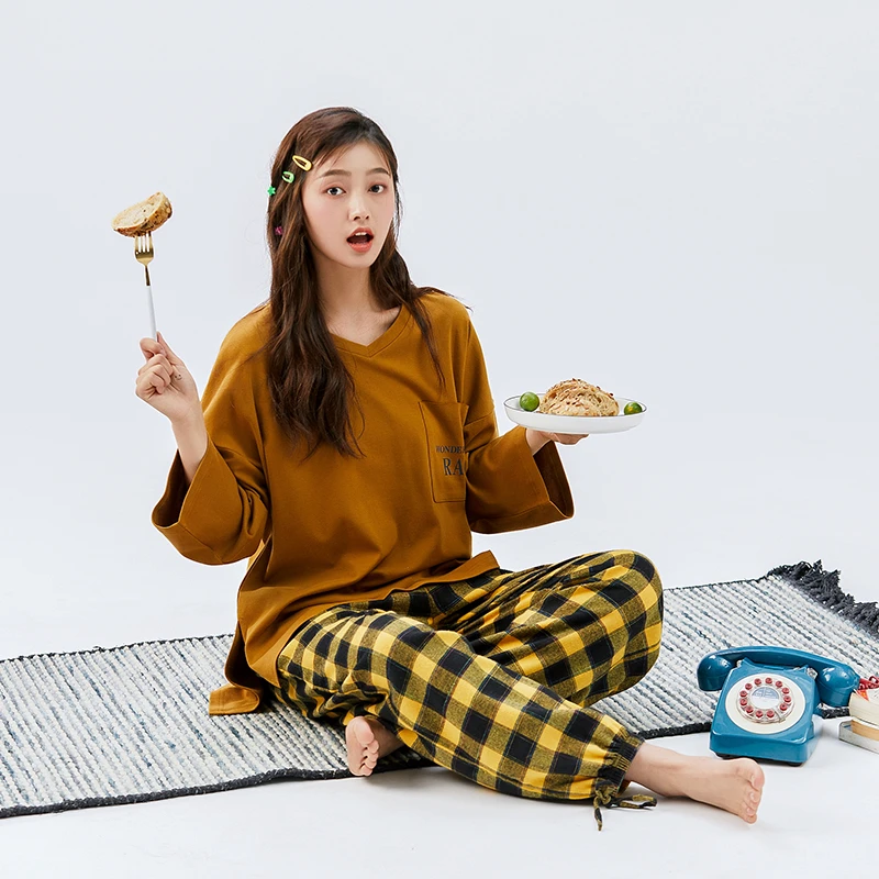 睦隆世家春秋长袖睡衣女纯棉束脚口格子长裤家居服大码可外穿套装
