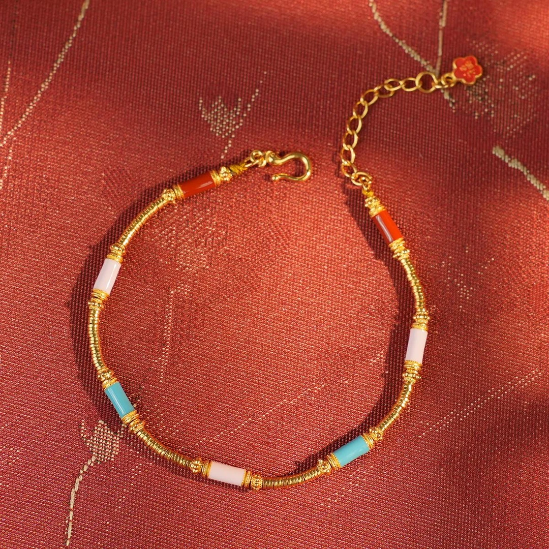 ZOCAI/佐卡伊【传世之美】古法黄金手链算盘珠复古拼色经幡手链小众