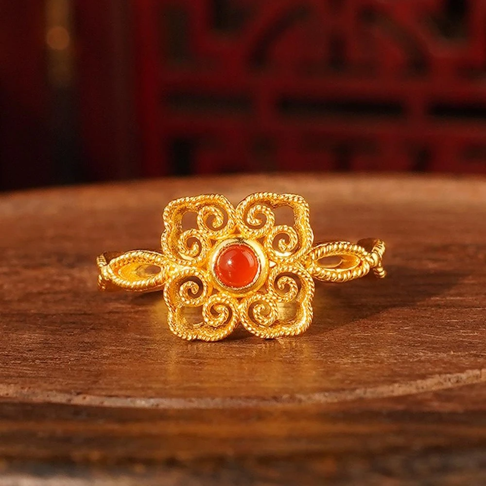 ZOCAI/佐卡伊【传世之美】古法黄金戒指花丝珐琅彩四合如意祥云戒指